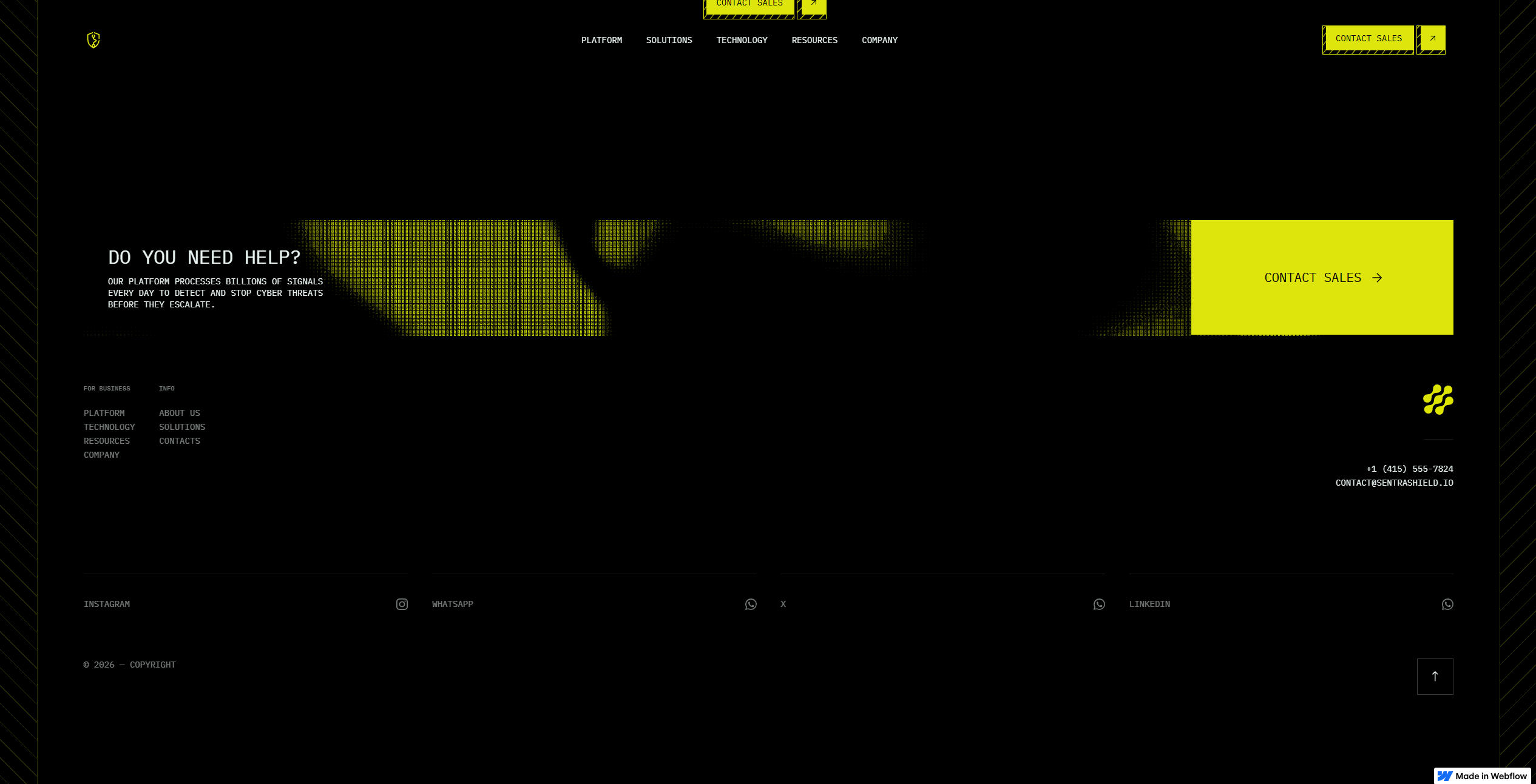 Contact section and footer built in Webflow: Do you need help? with a halftone visual and a yellow Contact sales block