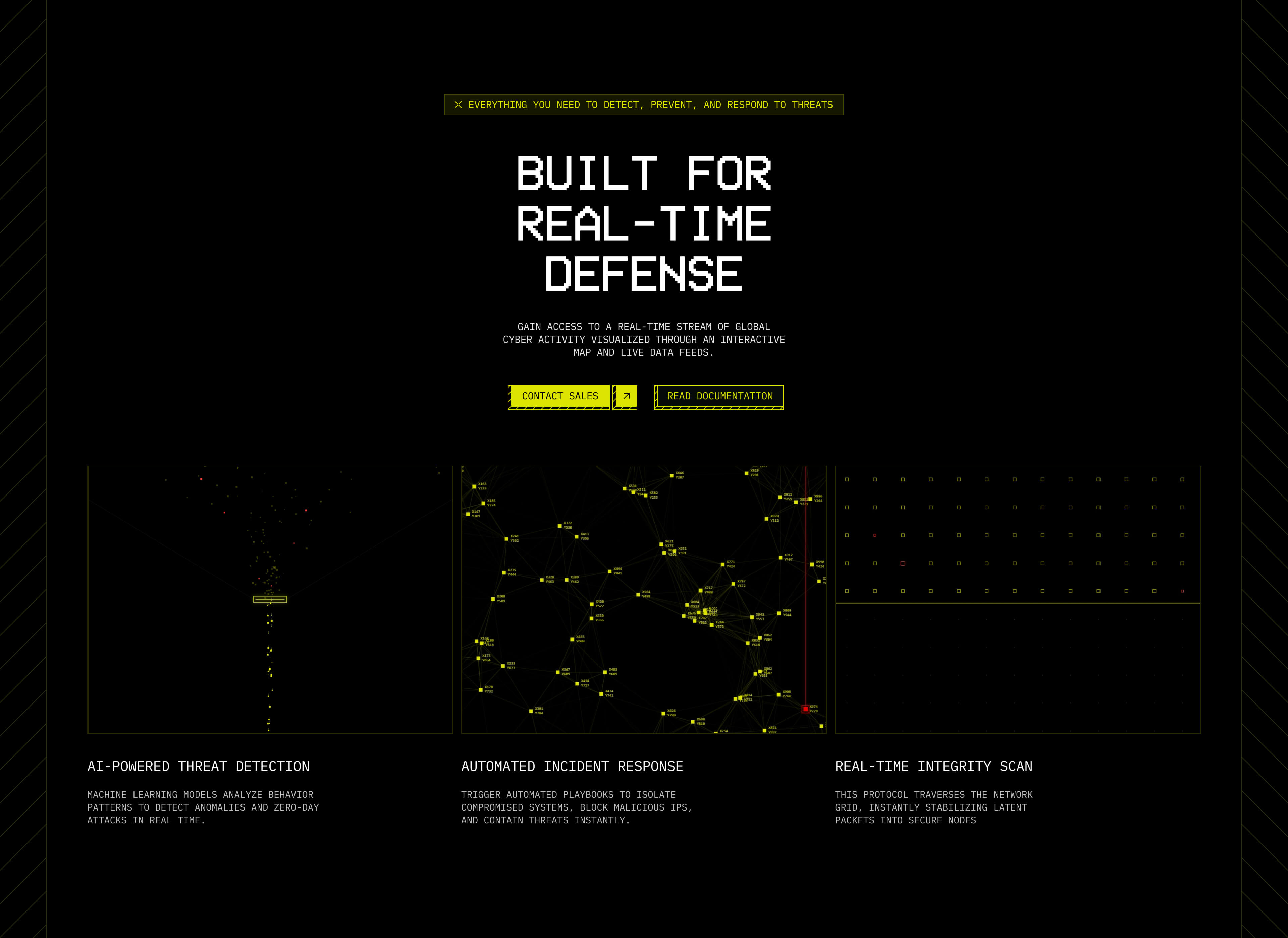 Built for real-time defense section with three animated feature cards: AI-powered threat detection, automated incident response and real-time integrity scan
