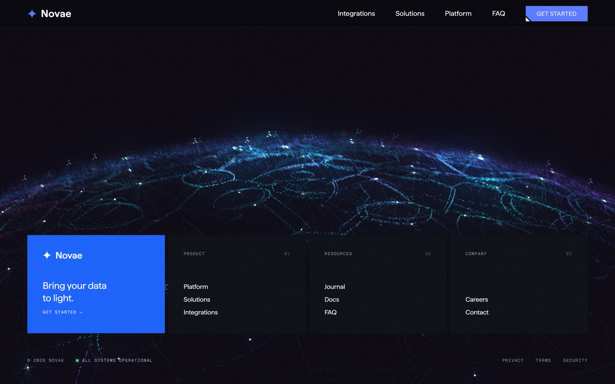 Footer with a glowing network horizon