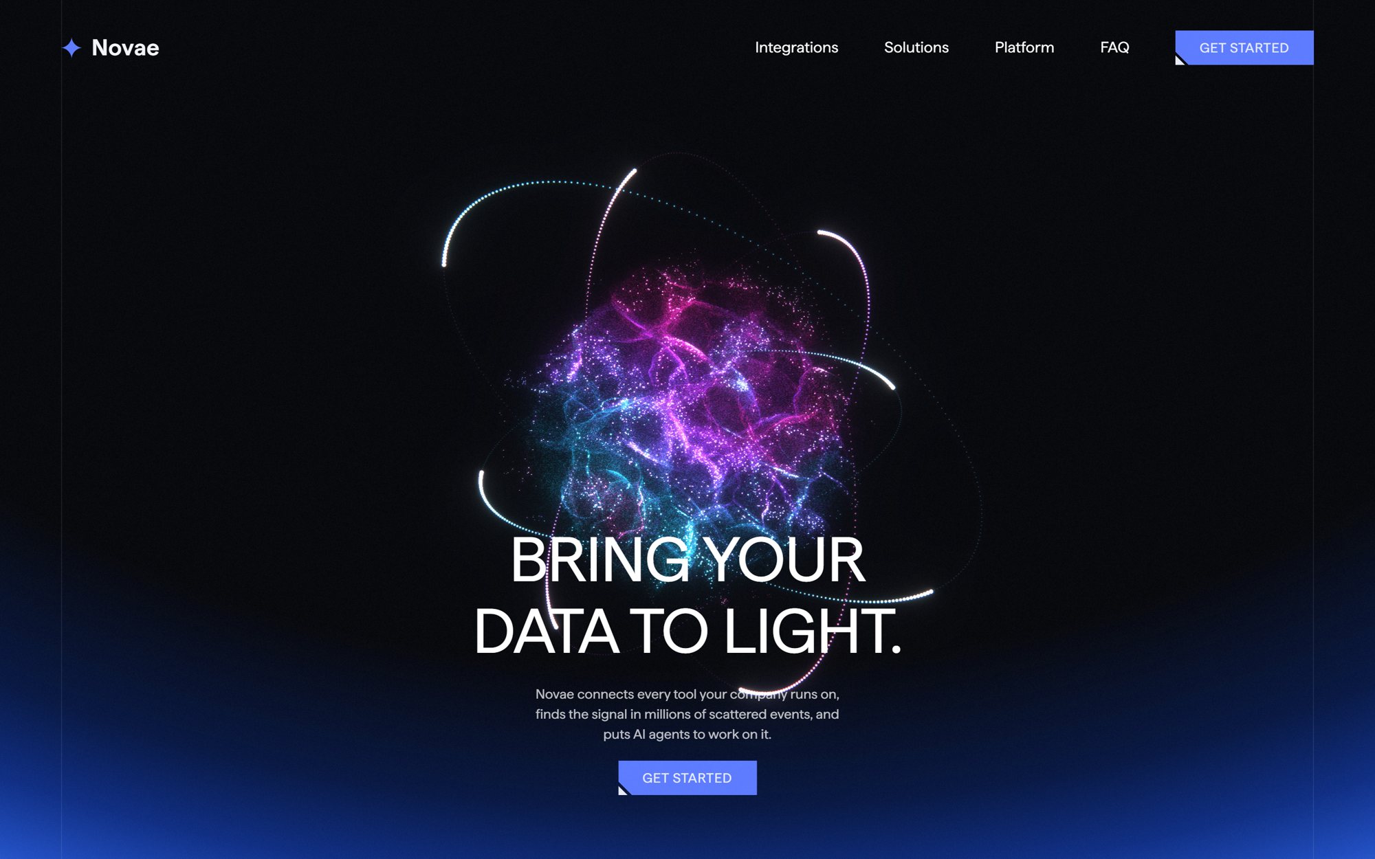 Novae screens montage: hero, modules, integrations, proof, field notes and closing call to action