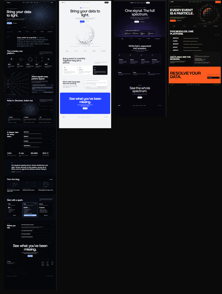 Four AI-generated wireframe directions for the Novae homepage: dark story-led, light minimal, spectrum and bold high-contrast