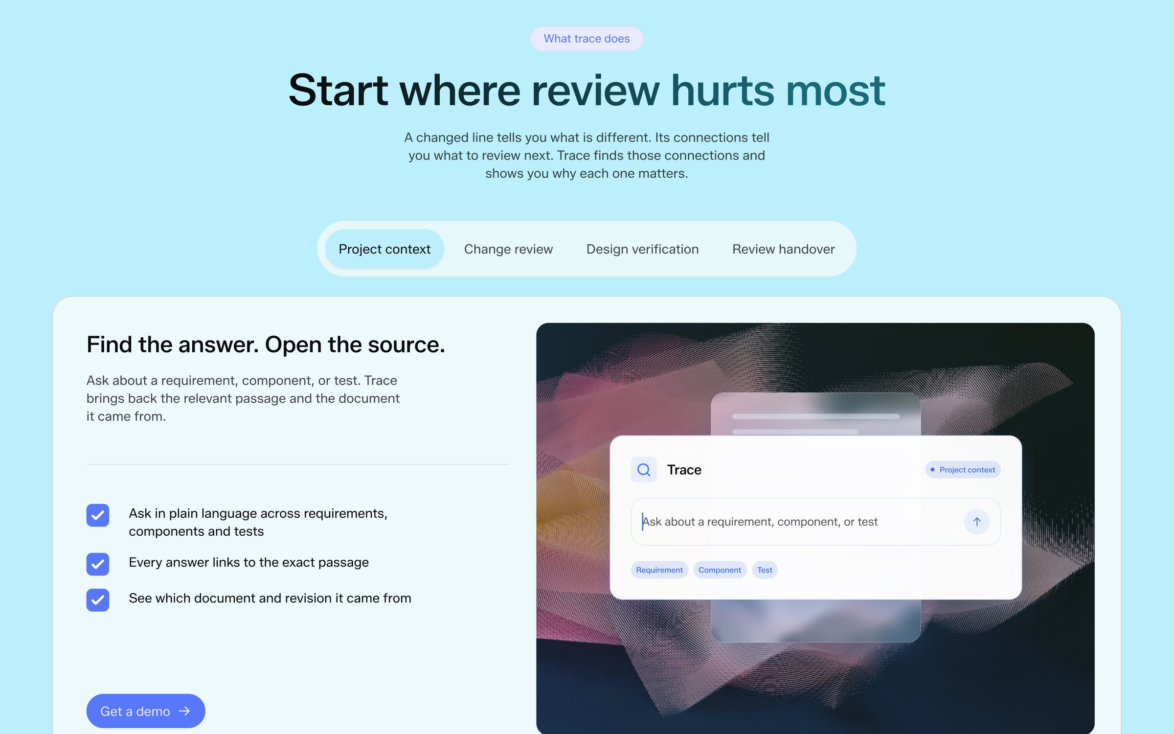 What Trace does section: tabs for project context, change review, design verification and review handover, with an animated search over a noisy, blurred backdrop