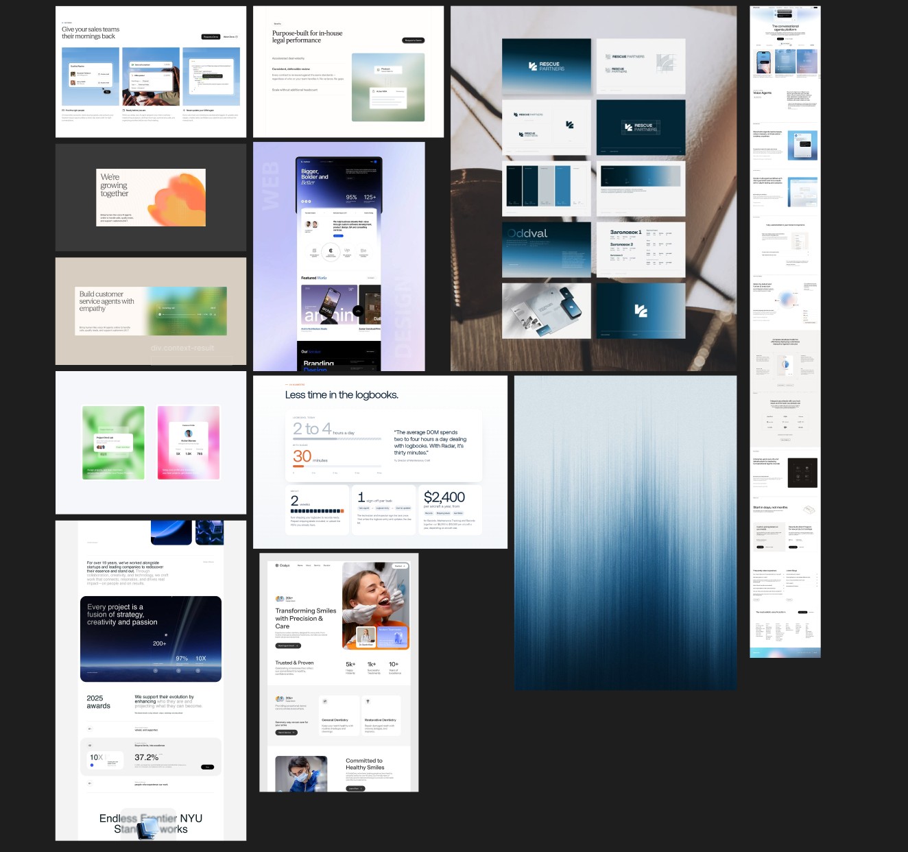 Trace moodboard: SaaS sites with product cards over blurred photography, green and pink gradient cards, a numbers-led results section, a navy-to-white brand identity, a grainy blue vertical gradient and long-scroll landing pages